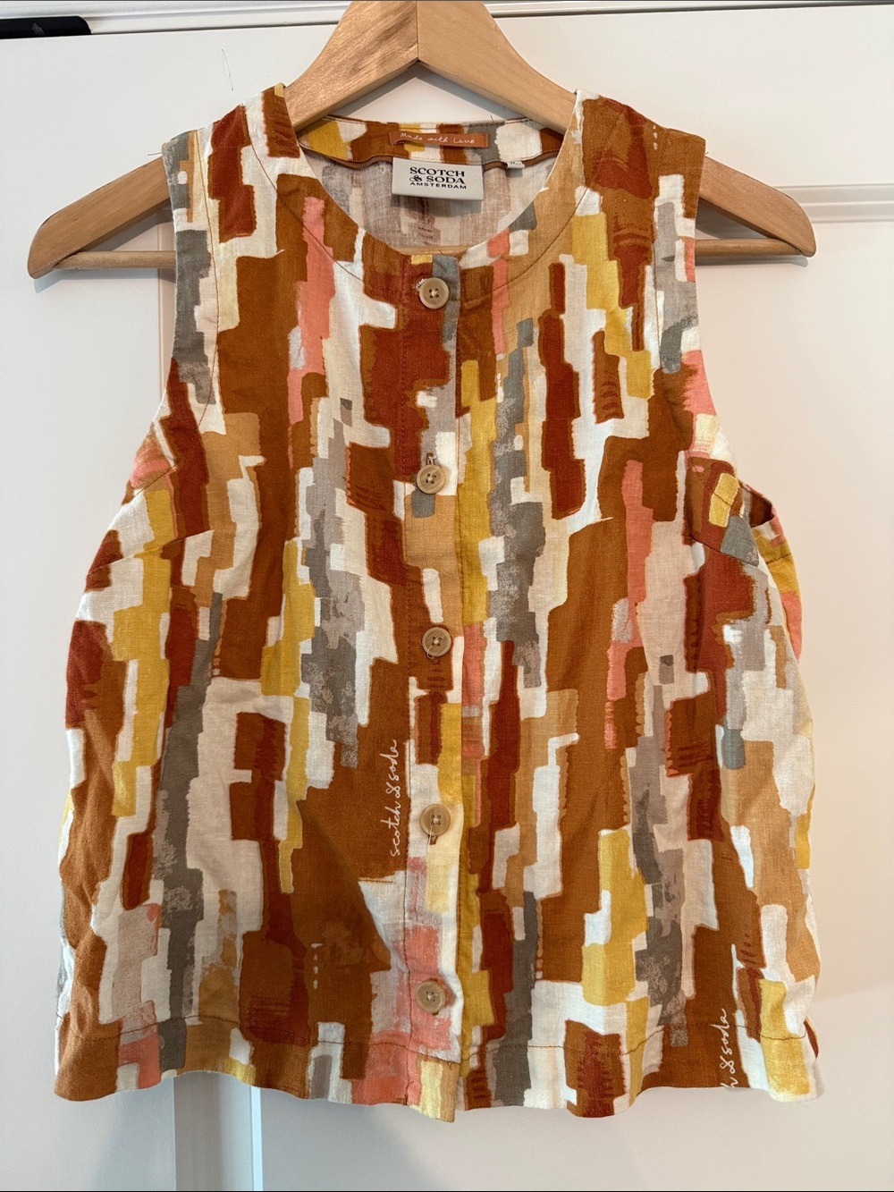 Scotch & Soda Abstract Linen Blend Sleeveless Button Boxy Tank Top